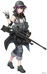  1girl absurdres bare_shoulders baseball_cap black_jacket blaser_r93 bolt_action breasts clothes_around_waist clothes_writing commentary_request ear_protection full_body gloves grey_footwear grey_gloves grey_headwear grey_pants grin gun hand_up hat highres jacket jacket_around_waist looking_at_viewer mouth_hold ndtwofives original pants partially_fingerless_gloves purple_hair rifle shirt shoes short_hair simple_background sleeveless sleeveless_shirt small_breasts smile sniper_rifle solo standing twitter_username weapon white_background white_shirt 