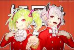  2girls character_request delutaya earrings fangs green_hair hair_behind_ear hand_on_own_chest horns indie_virtual_youtuber jewelry multicolored_hair multiple_girls okazaki_toru open_mouth red_eyes redhead smile streaked_hair tied_hair triangle_earrings twintails virtual_youtuber white_hair white_neckwear 