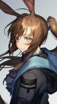  1girl 900_(gb_900) animal_ears arknights ascot bangs black_jacket blue_choker blue_eyes blue_neckwear brown_hair choker commentary frilled_ascot frills from_side highres hood hood_down hooded_jacket jacket long_hair long_sleeves looking_at_viewer looking_to_the_side open_clothes open_jacket ponytail rabbit_ears sidelocks smile solo upper_body 