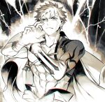  1boy abs commentary_request emiya_shirou fate/grand_order fate_(series) greyscale hand_up igote limited/zero_over looking_at_viewer makina_(nikki_m7_) male_focus monochrome muscular sengo_muramasa_(fate) shirtless solo upper_body wristband 