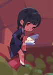  1girl bangs black_hair blue_dress blue_footwear cake cake_slice chibi commentary cropped donuttypd dress food fruit holding holding_plate knee_up long_hair long_sleeves low_twintails lowres on_roof open_mouth original plant plate puffy_long_sleeves puffy_sleeves red_eyes shoes sidelocks solo strawberry strawberry_shortcake tied_hair twintails 