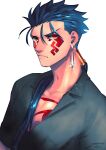  1boy alternate_costume angry beads blue_hair bodypaint close-up closed_mouth collared_shirt cu_chulainn_(fate)_(all) cu_chulainn_alter_(fate/grand_order) dark_blue_hair dark_persona dated earrings facepaint fate/grand_order fate_(series) hair_beads hair_ornament jewelry long_hair looking_at_viewer male_focus nishiyama_(whatsoy) open_clothes open_shirt ponytail red_eyes shiny shirt short_sleeves signature simple_background slit_pupils solo spiky_hair type-moon white_background 