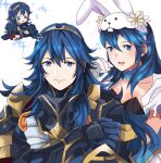 1girl alternate_costume animal_ears armor bangs blue_eyes blue_hair choker closed_mouth fire_emblem fire_emblem_awakening fire_emblem_heroes gloves long_hair looking_at_viewer lucina_(fire_emblem) official_alternate_costume open_mouth rabbit_ears rem_sora410 simple_background smile upper_body white_gloves 