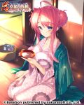  1girl ahoge alcohol barefoot blue_eyes breasts bucchake_(asami) commentary_request cup double_bun feet green_kimono grey_kimono hair_bun japanese_clothes kimono kimono_on_shoulders koihime_musou large_breasts long_hair official_art pink_hair ryuubi sakazuki sake sitting smile solo toes 