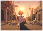  1girl artist_name bag bibido bird blue_skirt crosswalk duck duckling handbag highres long_sleeves original power_lines school_uniform serafuku shadow short_hair skirt solo sunlight sunset traffic_light twilight utility_pole 