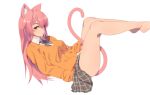  1girl animal_ear_fluff animal_ears bare_legs between_legs bow bowtie braid breasts candy cardigan cat_ears cat_girl cat_tail copyright_request food food_in_mouth from_side grey_bow grey_neckwear grey_skirt highres legs legs_up lollipop long_hair long_sleeves looking_at_viewer looking_to_the_side lying medium_breasts miniskirt on_back orange_cardigan orange_eyes pink_hair plaid plaid_neckwear plaid_skirt simple_background skirt solo tail very_long_hair white_background wing_collar xu_ni 