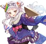  1girl :d black_legwear cowboy_shot floral_print fur_trim green_eyes grey_hair hagoita hair_bun hair_ornament hanetsuki hololive japanese_clothes kanzashi kimono long_hair long_sleeves looking_at_viewer multicolored multicolored_eyes murasaki_shion nail_polish obi official_alternate_costume open_mouth paddle pantyhose pensuke purple_nails sash shuttlecock simple_background smile solo symbol_commentary violet_eyes virtual_youtuber white_background wide_sleeves 