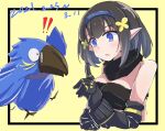 1girl arknights bandeau bangs bare_shoulders bird black_gloves black_hair black_scarf blue_eyes blue_hairband blush commentary_request dated eunectes_(arknights) eyebrows_visible_through_hair gloves hairband hand_up high_priest_(arknights) highres index_finger_raised motsupu parted_lips scarf short_hair strapless tubetop upper_body yellow_background 