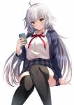  1girl bangs black_legwear blue_jacket blush breasts collared_shirt dress_shirt fate/grand_order fate_(series) grey_skirt harimoji jacket jeanne_d&#039;arc_(alter)_(fate) jeanne_d&#039;arc_(fate)_(all) large_breasts long_hair long_sleeves looking_at_viewer open_clothes open_jacket shirt silver_hair simple_background sitting skirt thigh-highs white_background white_shirt yellow_eyes 