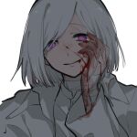  1boy akahito_(akaironotanin) akudama_drive backlighting bandaged_arm bandaged_neck bandages blood blood_on_face bloody_hands crazy_eyes cutthroat_(akudama_drive) hair_between_eyes hand_on_own_cheek hand_on_own_face jacket looking_at_viewer male_focus shirt short_hair simple_background smile solo violet_eyes white_background white_hair white_jacket white_shirt 