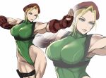  1girl beret blonde_hair blue_eyes breast_strap breasts cammy_white fighting_stance fingerless_gloves gloves green_eyes green_leotard hat large_breasts leotard looking_to_the_side muscular muscular_female open_hands parted_lips red_gloves red_headwear shibusun solo street_fighter thigh_strap zoom_layer 