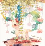  character_name commentary_request flower gen_4_pokemon highres leaf leafeon looking_back no_humans oharu-chan pink_flower pokemon pokemon_(creature) red_flower solo standing stone_floor traditional_media watercolor_(medium) 