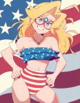  1girl american_flag bare_shoulders blonde_hair blue_eyes contrapposto cowboy_shot earrings eye_mask hands_on_hips highres jewelry kamen_america kamen_america_(comic) long_hair looking_at_viewer necklace parted_lips red_nails scott_malin smile solo star_(symbol) star_earrings 