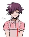  1boy :d apron bangs blunt_bangs collared_shirt dangan_ronpa_(series) dangan_ronpa_2:_goodbye_despair eyebrows_visible_through_hair genderswap genderswap_(ftm) holding looking_at_viewer male_focus no_(xpxz7347) nurse open_mouth puffy_short_sleeves puffy_sleeves purple_hair shirt short_hair short_sleeves simple_background sketch smile solo tsumiki_mikan upper_body violet_eyes white_background 