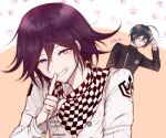  2boys ahoge artist_name bangs black_hair black_jacket blush brown_background brown_eyes c01a_(cola) checkered checkered_neckwear checkered_scarf commentary dangan_ronpa_(series) dangan_ronpa_v3:_killing_harmony english_commentary flying_sweatdrops grin hair_between_eyes hand_up highres index_finger_raised jacket long_sleeves looking_at_viewer male_focus multiple_boys open_mouth ouma_kokichi paw_print_background saihara_shuuichi scarf short_hair smile solo_focus straitjacket striped_jacket upper_body violet_eyes white_jacket 