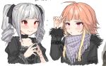  2girls bandana bangs black_dress black_jacket blonde_hair collarbone colored_inner_hair dress drill_hair flat_chest gothic_lolita grey_hair hands_together idolmaster idolmaster_cinderella_girls jacket kanzaki_ranko lolita_fashion multicolored_hair multiple_girls ninomiya_asuka okazaki_toru orange_hair red_eyes smile twintails white_background 