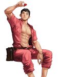  1boy abs belt black_hair breast_pocket feet_out_of_frame heart highres invisible_chair muscular muscular_male one_eye_closed open_clothes open_shirt original pants pink_pants pink_shirt pocket rinotuna shirt short_hair simple_background sitting solo white_background 