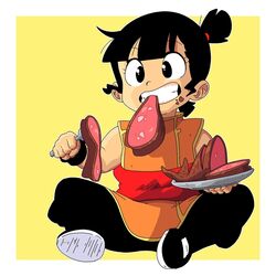  1girl bangs black_eyes black_footwear black_hair black_pants dragon_ball eating fish food food_on_face fork highres meat orange_shirt original pants plate ponytail scott_malin shirt shoes simple_background sitting sleeveless sleeveless_shirt solo yellow_background 