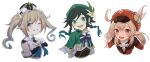 1boy 2girls ahoge bangs barbara_(genshin_impact) black_hair blonde_hair blue_eyes blush bow bowtie braid clover cropped_torso detached_sleeves dress english_commentary english_text eyebrows_visible_through_hair feathers flower four-leaf_clover genshin_impact gradient_hair green_eyes green_headwear grin hair_ornament hat hat_feather hat_flower highres klee_(genshin_impact) long_hair long_sleeves low_twintails multicolored_hair multiple_girls niac one_eye_closed open_mouth pointy_ears red_dress red_eyes red_headwear simple_background smile twin_braids twintails upper_body upper_teeth venti_(genshin_impact) white_background white_dress 