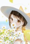  1girl blurry blurry_background blush bow brown_eyes daisy earrings flower flower_earrings hat highres holding holding_flower iftuoma jewelry looking_at_viewer original outdoors shirt short_sleeves solo white_headwear white_shirt 