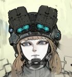  1girl bangs blonde_hair blue_eyes close-up closed_mouth helmet long_hair looking_to_the_side military original panda8581 science_fiction simple_background solo white_background 