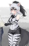  1girl aardwolf_(kemono_friends) aardwolf_ears aardwolf_print aardwolf_tail animal_ears animal_print bare_shoulders black_eyes black_hair black_neckwear black_shorts blush breast_pocket closed_mouth clothes_grab collared_shirt cutoffs elbow_gloves extra_ears eyebrows_visible_through_hair gloves grabbing grey_hair hair_between_eyes hand_on_own_chest hand_up heart heart-shaped_pupils high_ponytail highres kemono_friends kyonin_dofu legwear_under_shorts long_hair looking_at_another looking_to_the_side multicolored_hair necktie pantyhose pocket ponytail print_gloves print_legwear print_shirt shirt shorts sleeveless sleeveless_shirt smile solo_focus standing symbol-shaped_pupils tail two-tone_hair wing_collar 