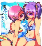  2girls ahoge ass bikini blue_bikini blush borrowed_character bow breasts closed_mouth cyclops dated hair_ornament hair_ribbon hairclip halftone heart looking_at_viewer medium_breasts medium_hair multicolored multicolored_bikini multicolored_clothes multiple_girls muroku_(aimichiyo0526) navel one-eyed original pink_eyes pink_hair pointy_ears purple_hair ribbon short_hair signature sitting smile swimsuit twintails violet_eyes x_x yellow_ribbon 