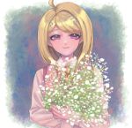  1girl ahoge akamatsu_kaede bangs blonde_hair closed_mouth collared_shirt dangan_ronpa_(series) dangan_ronpa_v3:_killing_harmony eighth_note flower hair_ornament highres holding long_hair long_sleeves looking_at_viewer musical_note musical_note_hair_ornament shirt smile solo sweater_vest swept_bangs tei_(auntaso) upper_body violet_eyes white_flower 