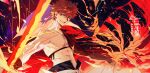  1boy embers emiya_shirou endo_(takolegs) fate/grand_order fate_(series) fire highres igote katana limited/zero_over looking_at_viewer male_focus redhead sengo_muramasa_(fate) shirtless signature smile solo sword toned toned_male upper_body weapon wristband yellow_eyes 