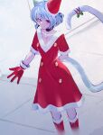 1girl animal_ears arm_behind_back blue_hair boots cat_ears cat_girl cat_tail collar dress fur_trim gloves highres hunter_x_hunter jewelry leaf necklace neferpitou red_dress red_footwear red_gloves short_hair short_sleeves solo tail yagisawa_teru 