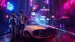  2boys abs artificial_eye black_hair car ceciliagf cigarette commentary cyberpunk_2077 denim english_commentary facial_hair fingerless_gloves gloves goatee ground_vehicle highres jacket jeans kiryuu_kazuma long_sleeves majima_gorou motor_vehicle multiple_boys naked_jacket neon_lights pants ryuu_ga_gotoku smoking tattoo watermark web_address 