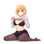  1girl absurdres antenna_hair arcueid_brunestud bangs black_bra black_legwear blonde_hair blush bra breasts clothes_lift frown hands_up highres large_breasts lifted_by_self looking_at_viewer miniskirt navel no_shoes pantyhose pleated_skirt red_eyes short_hair simple_background sitting skirt solo sonagi sweater sweater_lift tsukihime turtleneck turtleneck_sweater underwear wariza white_sweater 
