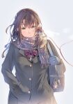  1girl bag bangs blazer bow brown_eyes brown_hair daito earphones eyebrows_visible_through_hair facing_viewer gloves hair_ornament hairclip hand_in_pocket jacket long_hair original scarf school_uniform solo white_background 