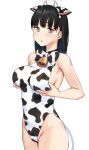  1girl animal_ears animal_print anti_(0324) bangs bare_shoulders bell black_hair bow bowtie breasts brown_eyes cow_ears cow_horns cow_print fake_animal_ears groin horns leotard long_hair looking_at_viewer original simple_background solo white_background 