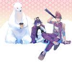  2boys absurdres animal animal_hug animal_on_head baby_penguin bear bird checkered checkered_scarf commentary_request covering_mouth cup dangan_ronpa_(series) dangan_ronpa_v3:_killing_harmony grey_shirt grin hair_between_eyes highres holding holding_cup jacket jacket_on_shoulders long_sleeves male_focus momota_kaito multiple_boys on_ground on_head one_eye_closed open_clothes ouma_kokichi pants penguin pink_jacket polar_bear print_shirt purple_hair qianhai scarf shiny shiny_hair shirt shoes sitting sleeves_pushed_up smile snow space_print starry_sky_print telescope white_pants 