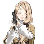  1girl :d ^_^ athenawyrm blush bow brown_bow brown_capelet brown_hair capelet closed_eyes commentary english_commentary facing_viewer fire_emblem fire_emblem:_three_houses garreg_mach_monastery_uniform gun hair_bow handgun holding holding_gun holding_weapon long_hair long_sleeves mercedes_von_martritz open_mouth pistol shirt simple_background smile solo upper_body weapon white_background white_shirt 