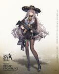  1girl assault_rifle blue_eyes breasts character_name choker commentary_request eyebrows_visible_through_hair fx-05_(girls_frontline) fx-05_xiuhcoatl girls_frontline grey_hair gun hat high_heels highres jacket large_breasts long_hair mexican mexican_dress official_art rifle solo sombrero sweater thigh-highs trigger_discipline weapon 