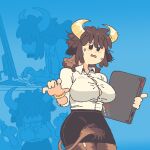  1girl animal_ears bangle black_skirt blue_background bracelet breasts brown_eyes brown_hair brown_legwear button_gap character_request collared_shirt commentary computer copyright_request farfinfarfin fingernails holding horns jewelry keyboard_(computer) laptop large_breasts medium_hair monitor multiple_views no_bra open_mouth pantyhose pencil_skirt projected_inset shiny shiny_clothes shiny_legwear shirt shirt_tucked_in sidelocks skirt solid_oval_eyes sweat tail taut_clothes taut_shirt wavy_mouth white_shirt 