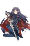  1girl armor belt belt_buckle blue_cape blue_eyes blue_gloves blue_hair breastplate buckle cape closed_mouth commentary_request falchion_(fire_emblem) fingerless_gloves fire_emblem fire_emblem_awakening floating_hair gloves hair_between_eyes highres holding holding_sword holding_weapon long_hair long_sleeves looking_at_viewer lucina lucina_(fire_emblem) multicolored multicolored_cape multicolored_clothes neee-t red_cape shoulder_armor simple_background smile solo sword tiara weapon white_background 