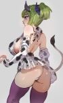  1girl animal_print ass back bare_shoulders blonde_hair blue_eyes blush bow_(bhp) breasts cow_horns cow_print cow_tail dress fingerless_gloves gloves horns original ponytail purple_legwear solo tail thigh-highs 