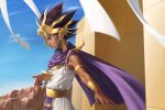  1boy atem bracer cliff cloak closed_mouth clouds dark_skin dark_skinned_male day egyptian from_side hejia_abby highres jewelry makeup male_focus mixed-language_commentary multicolored_hair outdoors outstretched_arm purple_cloak red_eyes sky solo spread_fingers yu-gi-oh! 