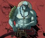  abs bald collarbone commentary commission english_commentary fangs highres holding jewelry katana looking_at_viewer male_focus manly multiple_views necklace no_pupils orc original pearl_necklace popopoka red_background sheath sheathed shoulder_plates single_bare_shoulder sword thick_eyebrows weapon 