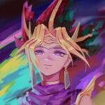  1boy atem blonde_hair closed_mouth commentary earrings egyptian eyelashes hejia_abby jewelry light_smile looking_down male_focus multicolored_hair portrait redhead solo spiky_hair violet_eyes yu-gi-oh! 