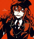  1boy amamiya_ren bangs black_neckwear collared_shirt crossdressinging eyebrows_visible_through_hair hair_between_eyes hands_up hat highres holding jacket long_hair male_focus necktie otoko_no_ko parted_lips peaked_cap persona persona_5 persona_5:_dancing_star_night persona_dancing red_background red_eyes red_headwear red_jacket redhead riding_crop shirt signature simple_background sofra solo twitter_username upper_body white_shirt 