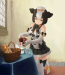  1girl animal_ears animal_print aoi_suzu_(kurone) bangs bare_shoulders basket bell black_hair black_skirt bottle bow bowtie bread closed_eyes cow_ears cow_girl cow_print cow_tail day detached_collar drink elbow_gloves eyebrows_visible_through_hair eyelashes feet_out_of_frame fine_art_parody food frilled_skirt frills gloves hair_between_eyes hair_bow highres holstein_friesian_cattle_(kemono_friends) indoors kemono_friends lips medium_hair microskirt milk milk_bottle multicolored_hair parody pouring print_gloves print_legwear print_shirt shirt skirt sleeveless sleeveless_shirt solo standing table tablecloth tail the_milkmaid thigh-highs two-tone_hair white_hair window zettai_ryouiki 