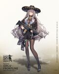  1girl assault_rifle blue_eyes breasts character_name choker commentary_request eyebrows_visible_through_hair fx-05_(girls_frontline) fx-05_xiuhcoatl girls_frontline grey_hair gun hat high_heels highres jacket large_breasts long_hair mexican mexican_dress miyazaki_byou official_art rifle solo sombrero sweater thigh-highs trigger_discipline weapon 