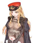 1boy 1girl absurdres age_difference artist_name blonde_hair blush bodysuit breast_rest breast_strap breasts breasts_on_head commander_(last_origin) eh-526 eyes_visible_through_hair faceless faceless_male hat highres hug hug_from_behind indomitable_marie jacket jacket_on_shoulders kepi large_breasts last_origin light_brown_hair military_hat no_eyes open_mouth simple_background smile white_background yellow_eyes 