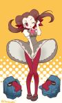  1girl blush breasts brown_hair chorimokki dress gen_3_pokemon gym_leader long_hair nosepass open_mouth pantyhose pink_legwear pokemon pokemon_(creature) pokemon_(game) pokemon_oras red_eyes roxanne_(pokemon) twintails 