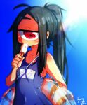  1girl black_hair blue_swimsuit blurry blurry_background blush covered_nipples cyclops dated depth_of_field food holding holding_innertube innertube jitome light light_rays long_hair looking_at_viewer muku-chan_(muroku) muroku_(aimichiyo0526) name_tag one-eyed one-piece_swimsuit original ponytail popsicle red_eyes school_swimsuit signature solo sweat swimsuit x_x 