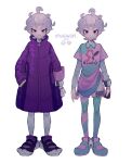  1boy bangs bede_(pokemon) clenched_hand closed_mouth coat collared_shirt commentary gloves grey_hair hand_in_pocket highres knees leggings looking_at_viewer male_focus multiple_views number pokemon pokemon_(game) pokemon_swsh purple_coat shirt shoes short_hair short_sleeves shorts side_slit side_slit_shorts single_glove smile standing thxzmgn violet_eyes 